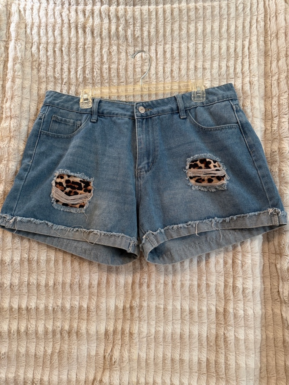Jeans Denim Distressed Leopard Patch Women's Shorts